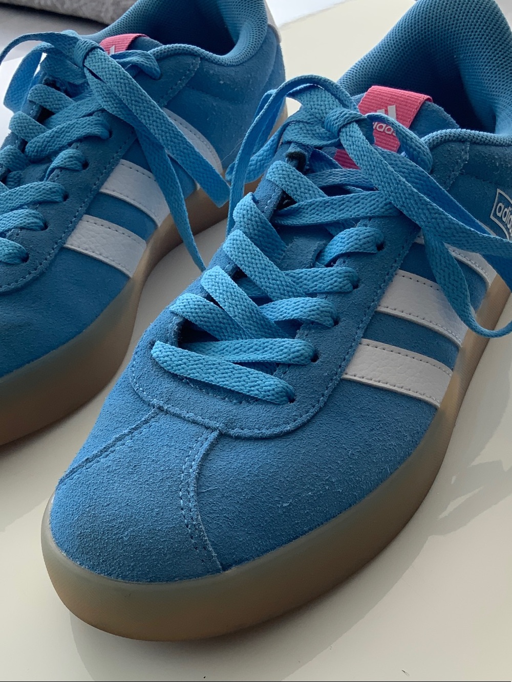 adidas Blue Suede Sneakers with White Stripes and Gum Sole